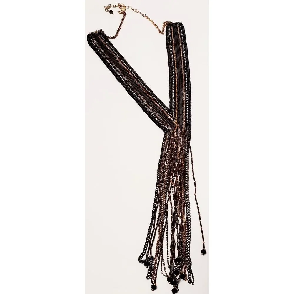 Chico's Miesha Necklace Fringe Bead Silver Gold Beads Collar Statement Y Pendant - Picture 8 of 11